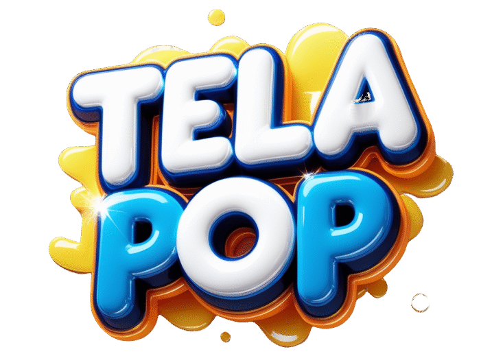 Logo estilizado "TELA POP" com letras tridimensionais em branco, azul e laranja sobre fundo amarelo vibrante.