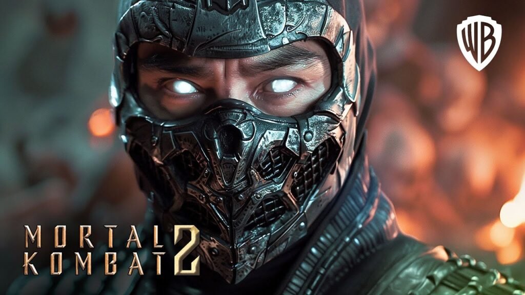 Pôster do filme Mortal Kombat 2 (2025), com Karl Urban como Johnny Cage, Lewis Tan como Cole Young e Hiroyuki Sanada como Scorpion, em poses de combate em um cenário de arena mística com chamas e símbolos do torneio Mortal Kombat. O fundo exibe Shao Kahn (Martyn Ford) e o texto "Estreia: 23 de outubro de 2025" em letras estilizadas.