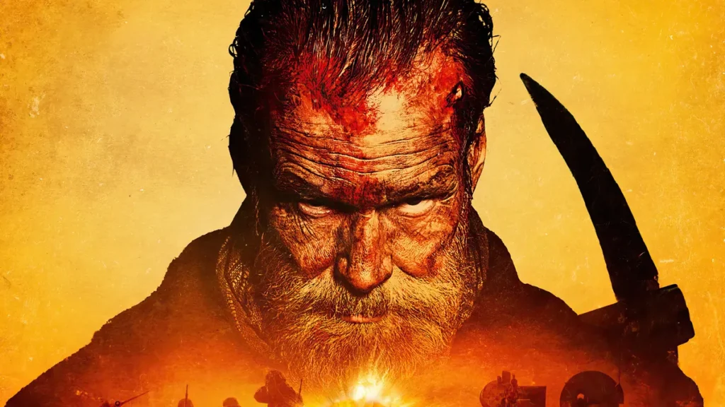 Pôster do filme Sisu 2: Estrada para a Vingança (2025), com Jorma Tommila como Aatami Korpi, segurando uma arma em um cenário de guerra nevado na Lapônia. O fundo mostra explosões e tanques, com nazistas em perseguição, destacando a estética de ação brutal e vingança. Texto no pôster inclui "Estreia: 21 de novembro de 2025" e o título em letras grandes.